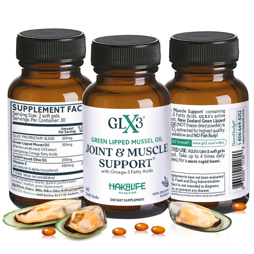 GLX3 Green Lipped Mussel Oil Capsules for Joint and Muscle Support | Extra-Strength ETA, EPA, DHA Omega-3 Green Lipped Mussel Supplement for Comfort, Flexibility & Recovery av HakaLife GLX3