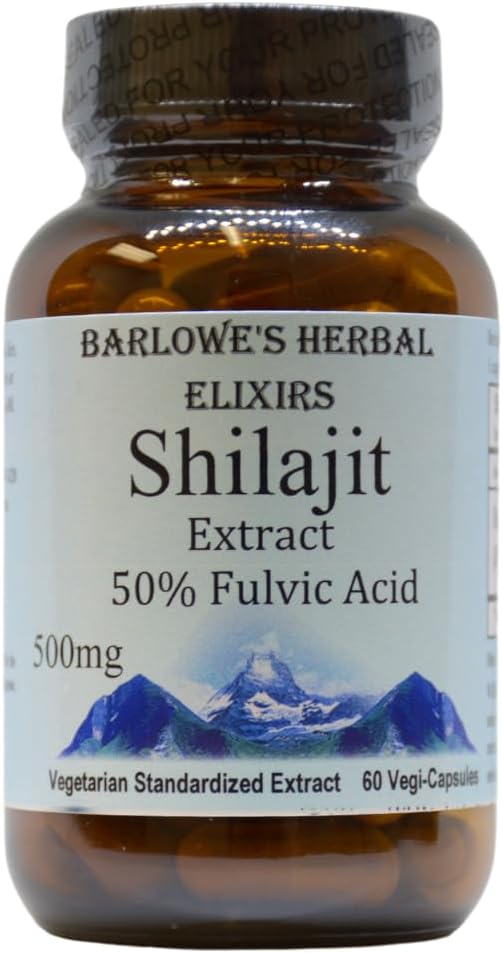 Barlowes Herbal Elixirs Shilajit Extract | 500mg Per Capsule | 50% Fulvic Acid | Mineral-Rich Himalayan Supplement för Vitality & Wellness | 60 Vegan Capsules | Non-GMO, Gluten-Free, Glass Bottled