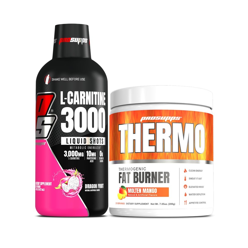 PROSUPPS L-Carnitine 3000 Stimulant Free Liquid Shots (31 portioner, Dragon Fruit) och Thermo Fat Burning Thermogenic Powder (25 portioner, Molten Mango) Bundle