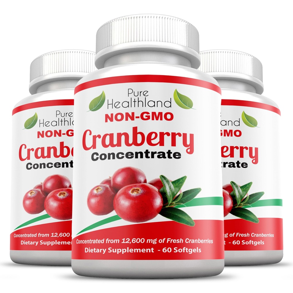 Icke-GMO Cranberry Koncentrerad från 12 600 mg - Triple Strength Softgels - Lätt att svälja piller för män och kvinnor, 3 flaskor
