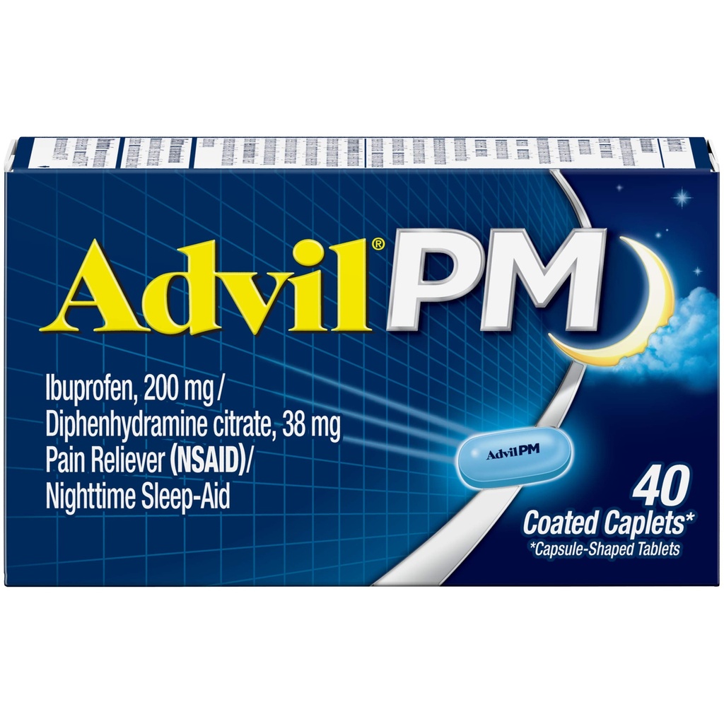Advil PM Smärta Reliever och nattsömnhjälp, Smärtmedicin med Ibuprofen för smärtlindring och difenhydramincitrat för en sömnhjälp - 40 Coated Caplets
