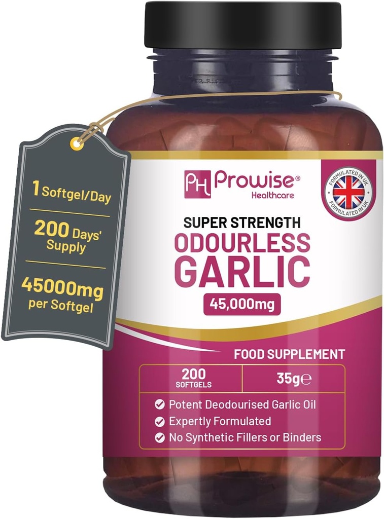 Premium Odourless Garlic kapslar | 45 000 mg per mjukgel | 200 mjukgels (inte tabletter) Superhög styrka | Cold Pressed och Deodourised Premium Garlic Oil Extract från Allium Sativum