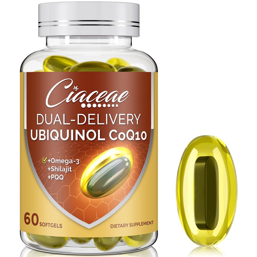 Ubiquinol CoQ10 600 MG Softgels med Omega-3 & Shilajit & PQQ, Advanced Dual-Delivery Coenzyme-Q10, Active CoQ10 Ubiquinol Supplement för fertilitet, antioxidant, hjärta, hjärna och energi, 60 portioner