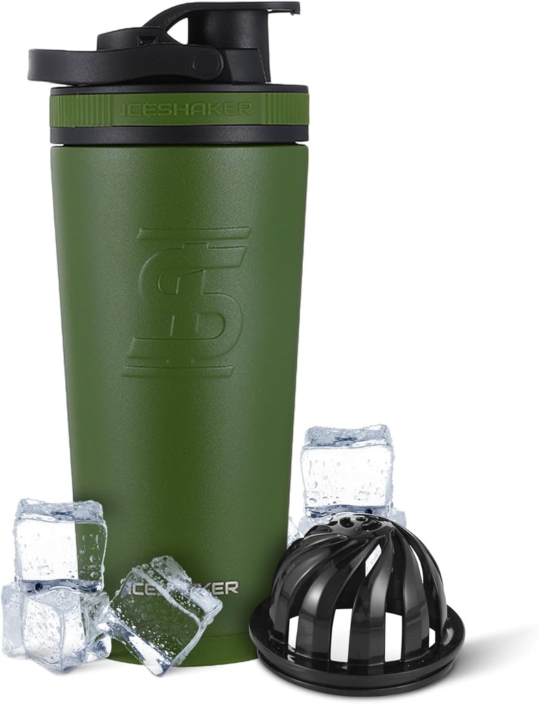 Ice Shaker isolerad rostfritt stål Shaker flaska | 26oz, grön | Kall för 30 + timmar | isolerad kopp med Twist-on Agitator | Odor-fri flaska för proteinskakor, vatten, smoothies, cocktails