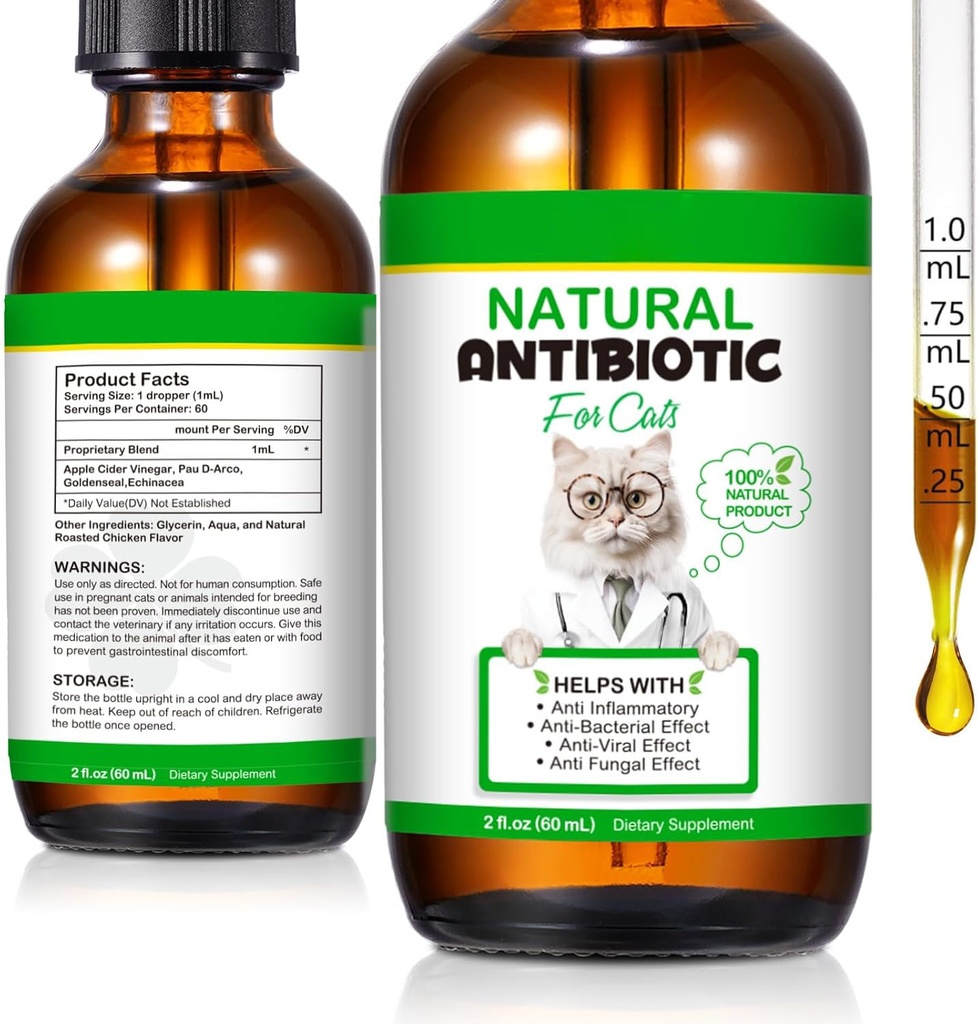 60ML Antibiotika för katter, Premium Cat Antibiotics Supplement, Cats Multivitamin, Natural Antibiotic för katter, Cat Antibiotic, Cat Antibiotics stöder Immune & Cats Allergy Relief-2 Fl Oz