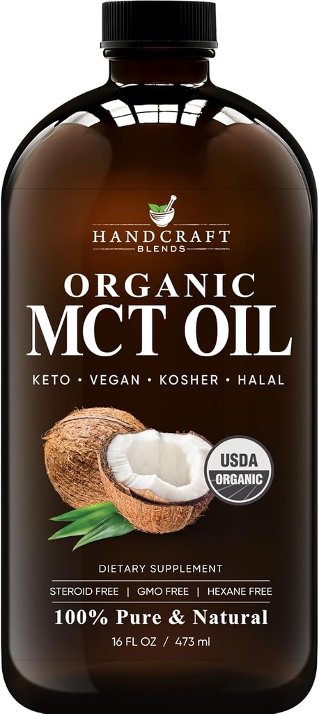 Handcraft Blends Organic MCT Olja från Organic Coconuts 16 Fl oz - Keto Friendly, Non-GMO, Vegan Coconut Oil - Bra för drycker, kaffe och te