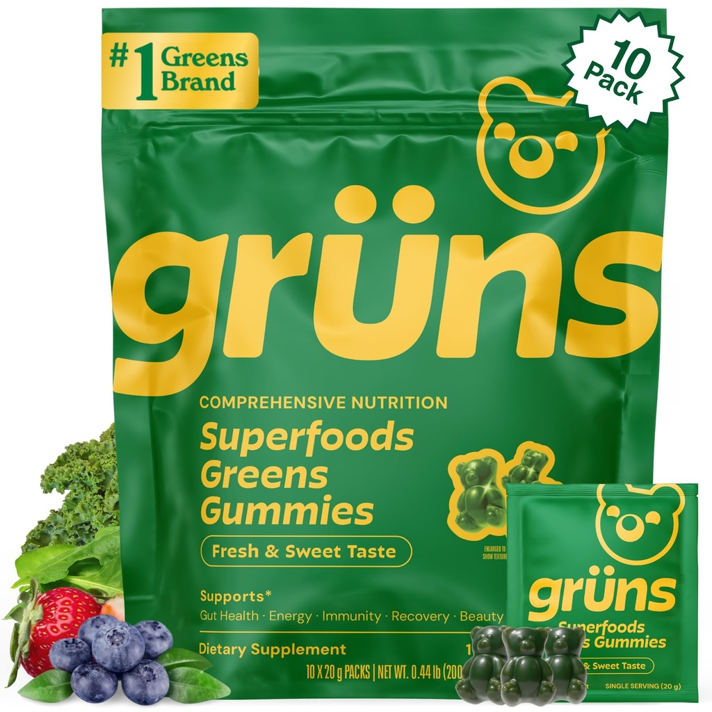 Gruns Adult Super Greens Gummies - Superfood Gummy Björnar med Spirulina, Chlorella & Prebiotika för Digestive Health - Adaptogens Supplement med 20 vitaminer och mineraler, låg socker-2-veckors leverans
