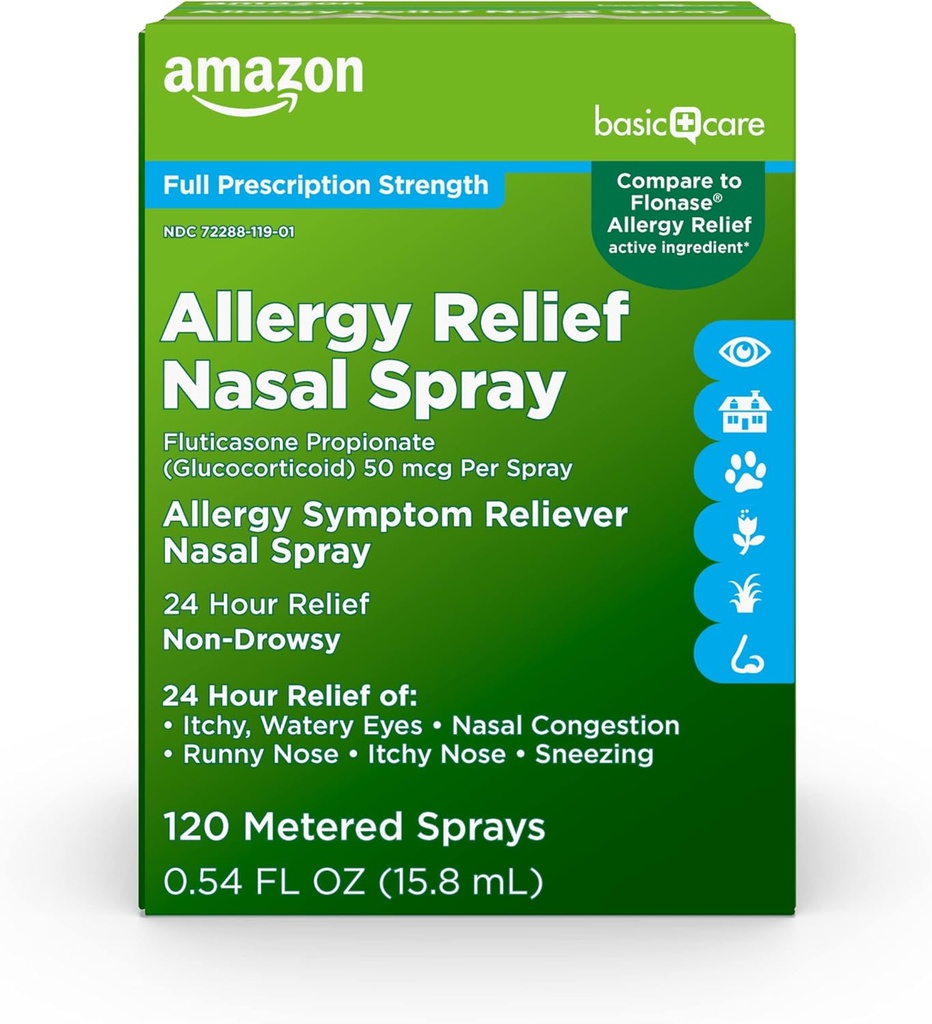 Grundläggande vård 24-timmars allergihjälp Nasal Spray, Fluticasone Propionate (Glucocorticoid), 50 mcg Per Spray, Full Prescription Strength, Non-Drowsy, 0,54 fl oz (Pack av 1)