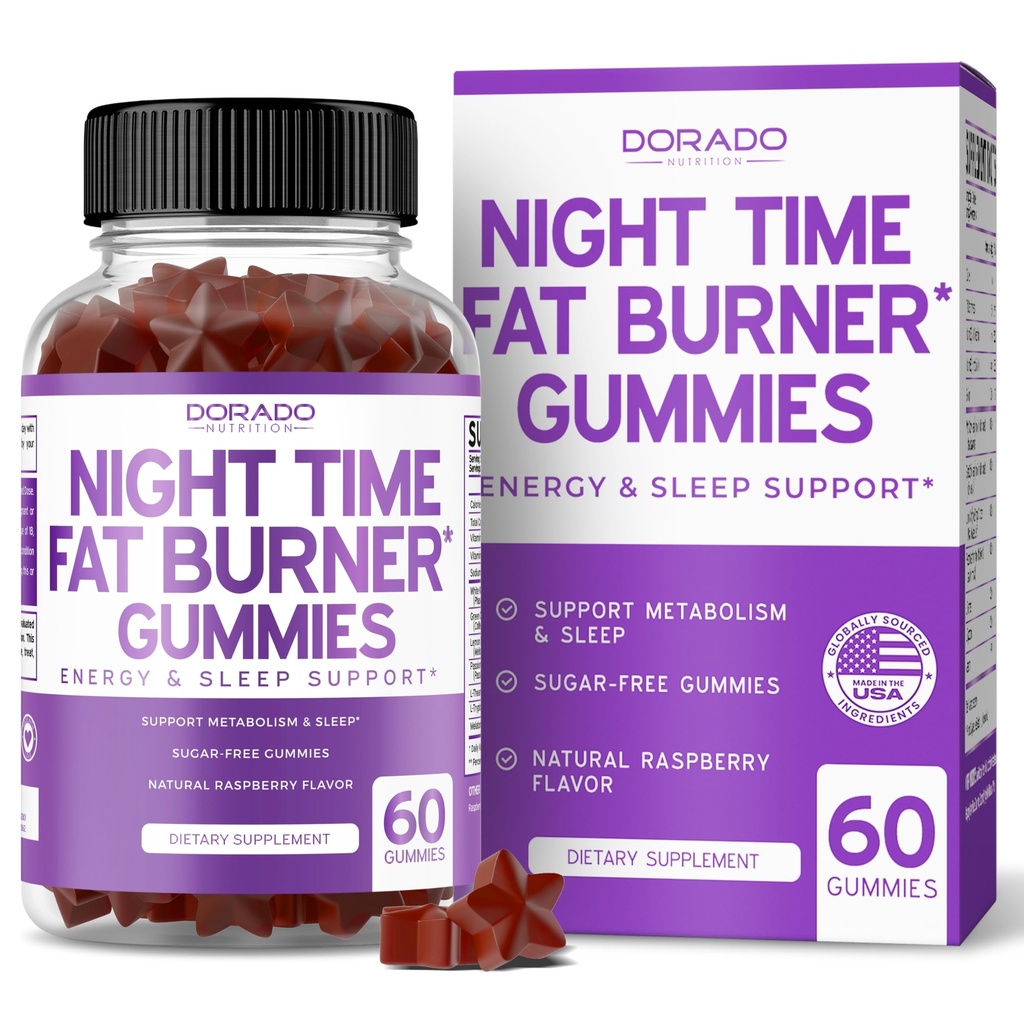 Night Time Fat Burner Gummies (60 greve) Viktminskning & Metabolism - Sugar-Free - Delicious Raspberry Flavored Melatonin Supplement Gummies - Vegan Safe - Tredje part testad - Made in USA