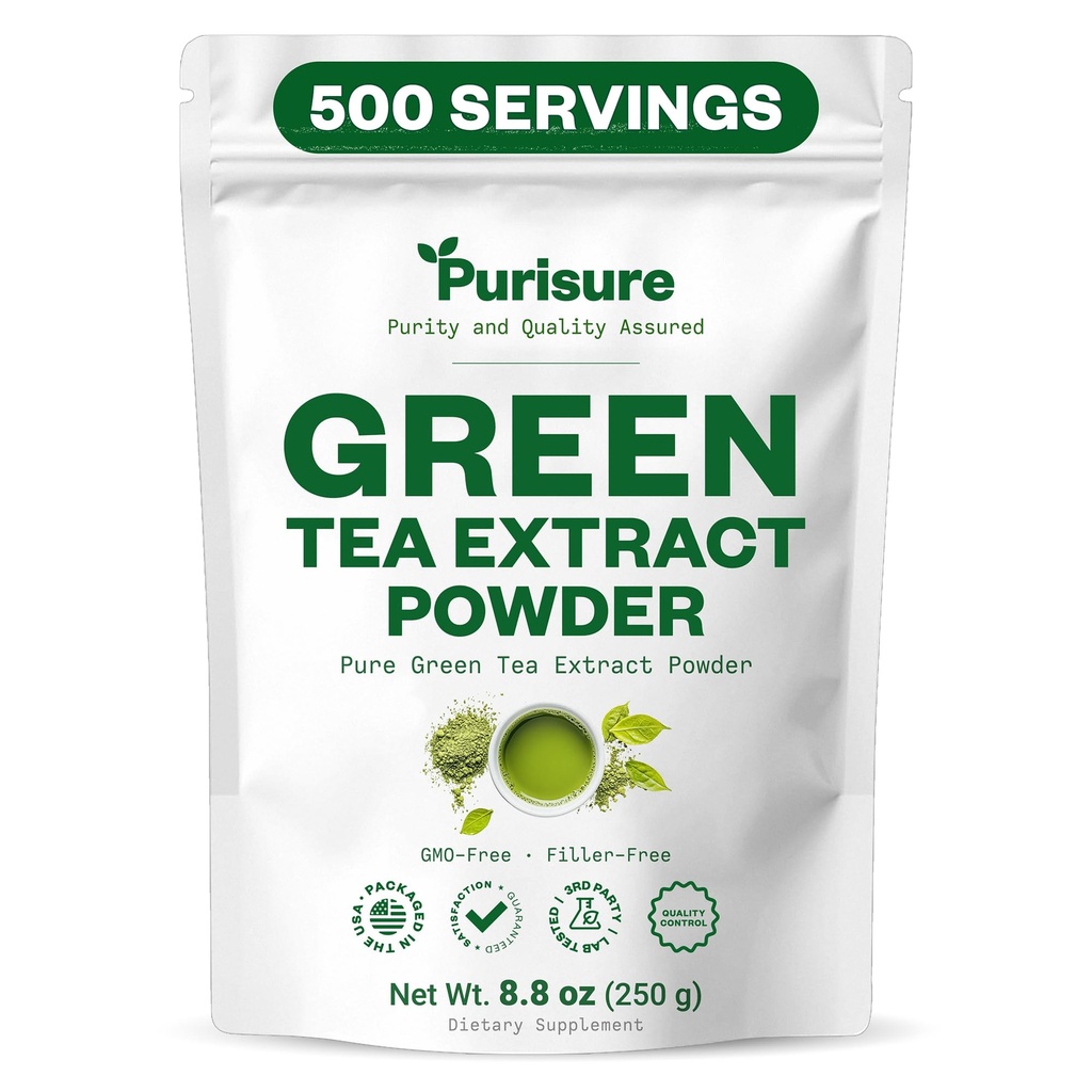 Purisure Green Tea Extract | Powdered Tea från Premium Green Leaf | Osötad Vegan Tea för Latte & Smoothie Recept | All-Natural Antioxidant Green Tea Powder med EGCG & Polyphenols | 500 portioner