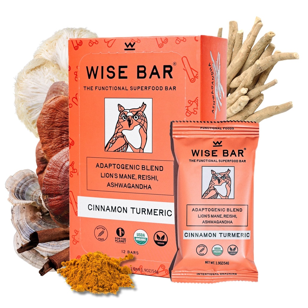 WISE BAR Adaptogen Mushroom Nutrition Bars med Reishi, Lions Mane & Ashwagandha, Organic Vegan & Gluten Free Snacks for Natural Focus, Energy & Immunity Support, Cinnamon Turmeric Flavor, 12 Count