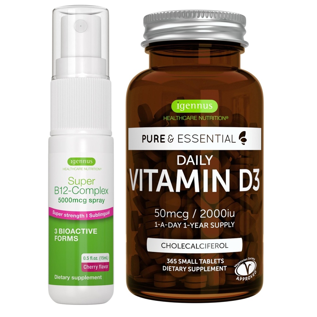Daily Vitamin D3 + Super B12-Complex 5000mcg Vegetarian Bundle, 365 2000iu Vitamin D3 tabletter + Hög styrka B12 Cherry Flavor Sublingual Spray, av Igennus