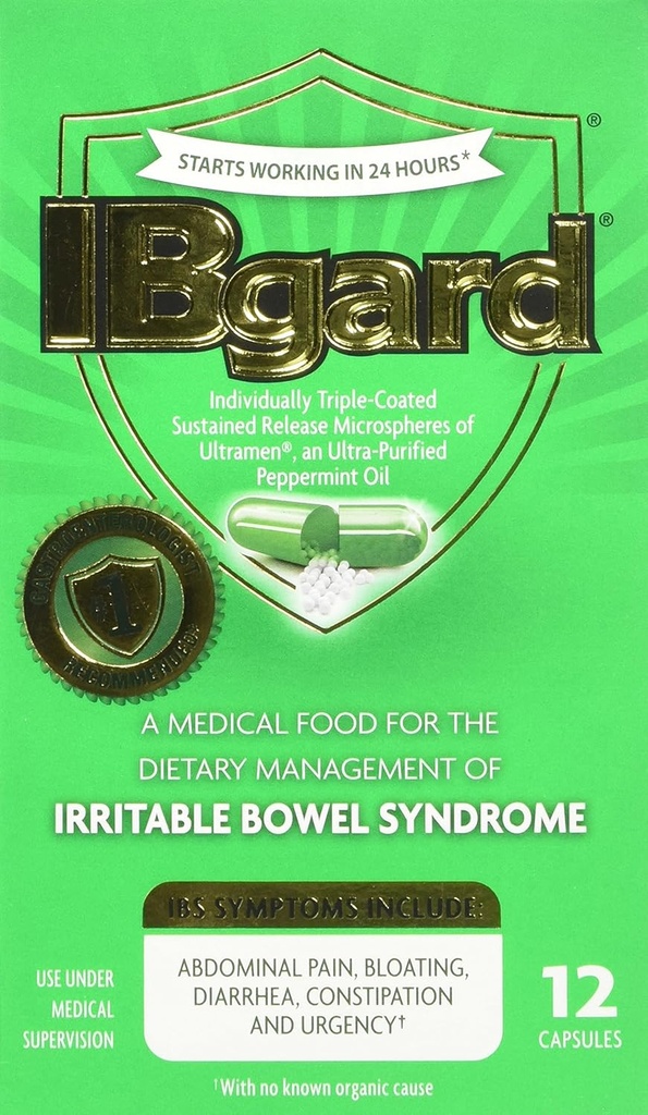 IBgard for Irritable Bowel Syndrome (IBS) Relief Bloating Gas 12 Capsules Small Box 90mg Ultra Purified Peppermint Oil Bra för första Timers