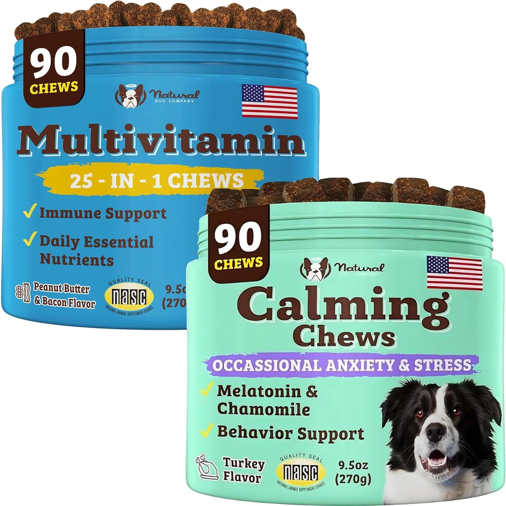 Natural Dog Company Multivitamin och Calming Supplement Bundle, Daily Nutrients och Anxiety Relief for Dogs, Support Joint Health, Skin & Coat, minska stress från buller och resor, väsentliga vitaminer
