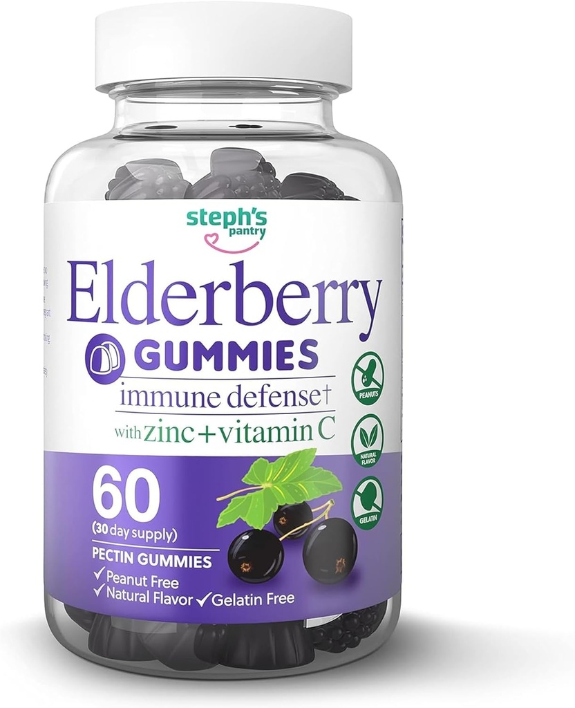 Elderberry Gummies with Vitamin C and Zinc - Immune Booster Elderberry Gummies For Adults and Kids - Vegan Natural Ingredients Defense Multivitamins with Antioxidant Support (60 Gummies)