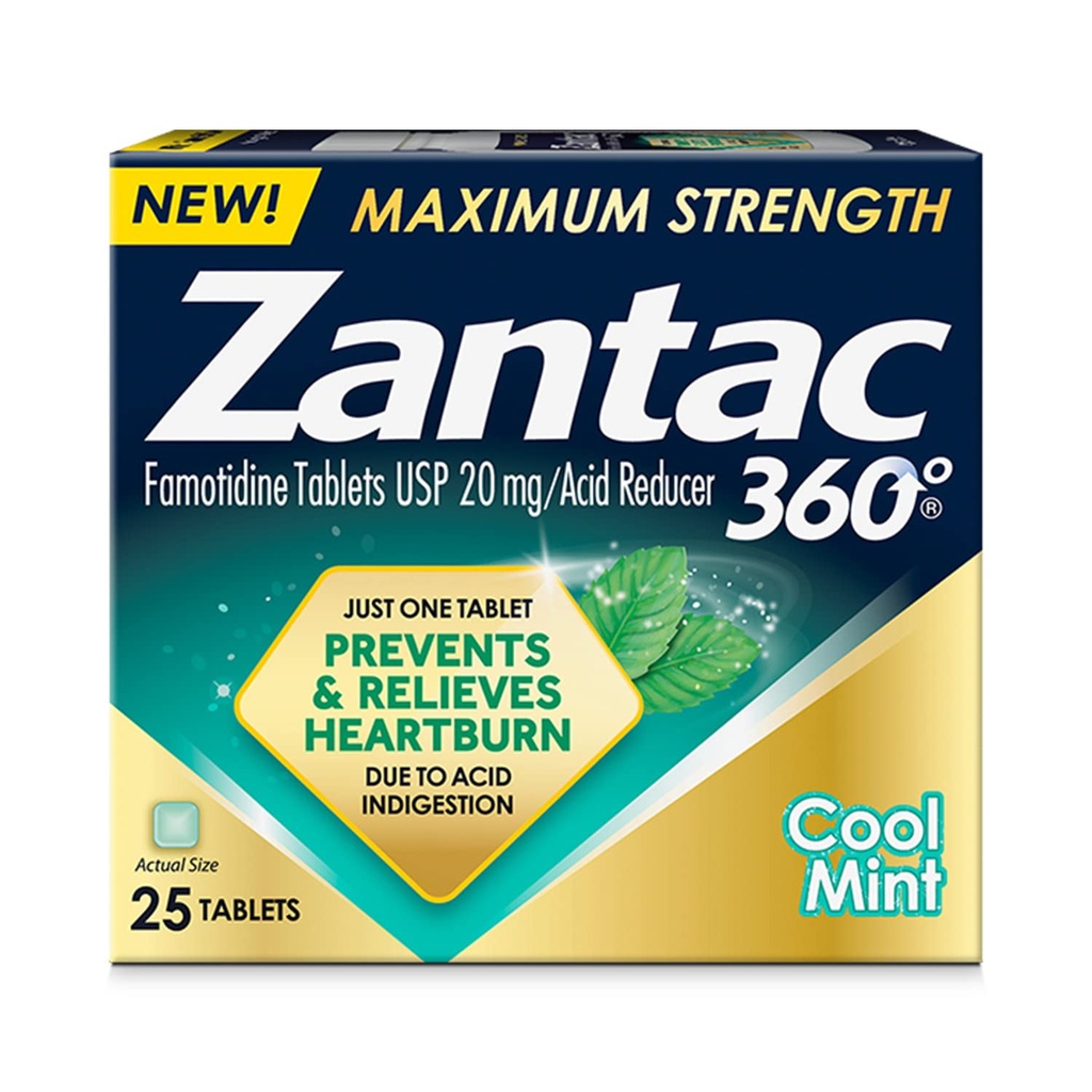 Zantac 360 Maximal Styrka, Cool Mint, 25 greve, Heartburn Prevention & Relief, 20mg Tablets