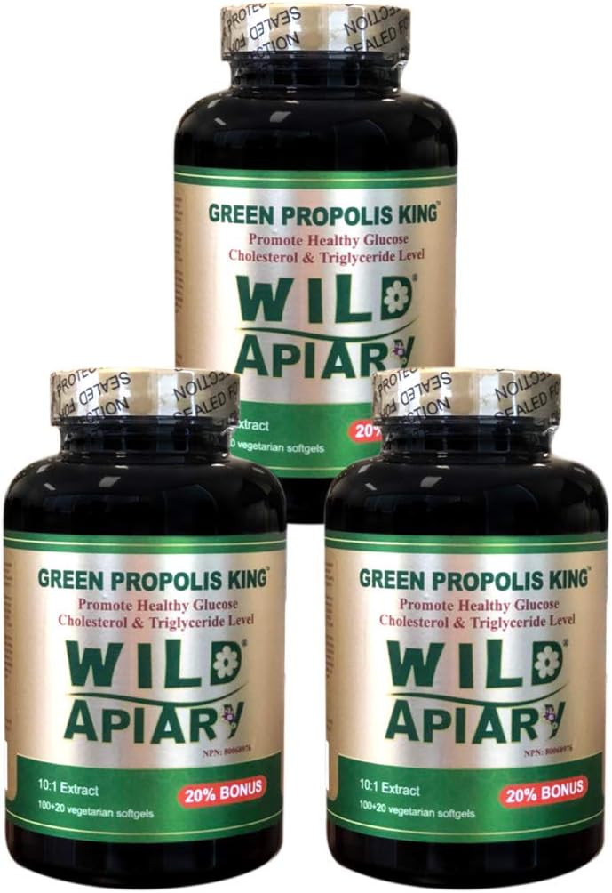 Generiska 3 flaskor av vilda Apiary brasilianska gröna bipropolis kung vegetabiliska Softgels (120 caps) - Icke alkohol, vaxfri, sockerfri,