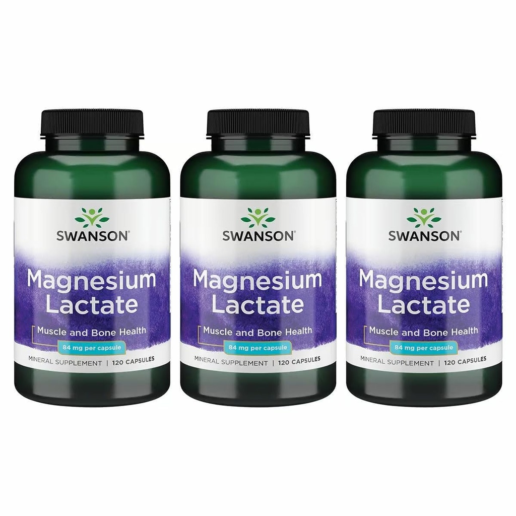 Swanson Magnesium Laktat - Mineral Supplement främjar muskel- och benhälsostöd - Laktosfri Laktat Mineral Form för Gentle Absorption - (120 kapslar, 84mg Varje) 3 Pack