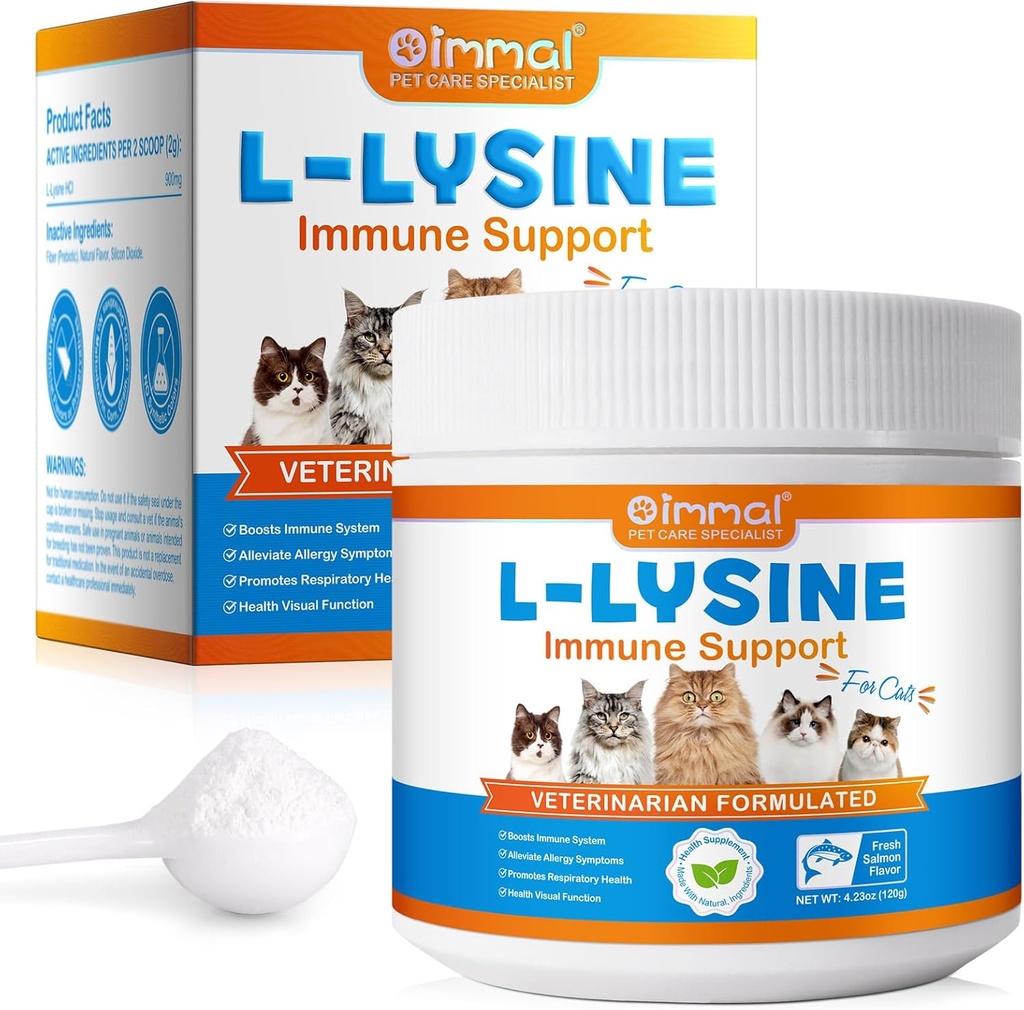 L-Lysinpulver för katter, 120 g Lysinpulver stöder katter immunsystem, andningshälsa och visuell funktion - Lysinpulverförbättring av katter Eye Discharge, husdjurens hälsa, lax smak - 4.23oz