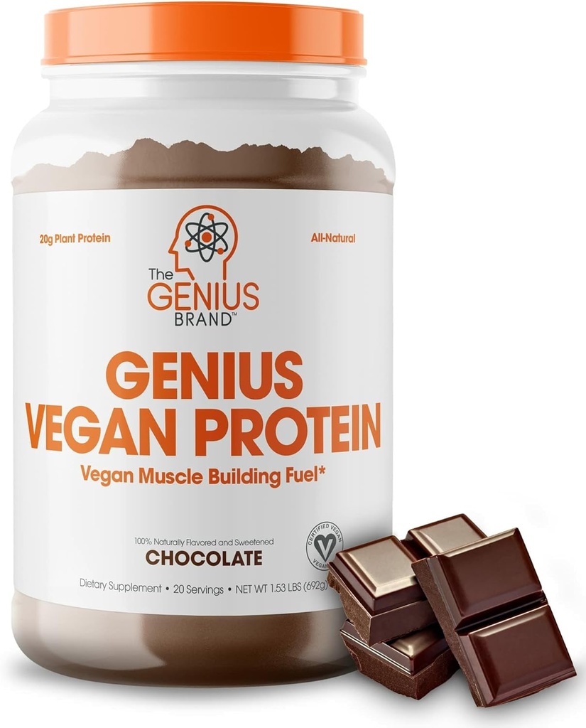 Genius Vegan Protein Powder, Chocolate - Plant-Based Lean Muscle Building Shake för Män & Kvinnor - Pea & Pumpkin Protein Källor - Naturligt smaksatt & sötad - Dairy & Laktosfri