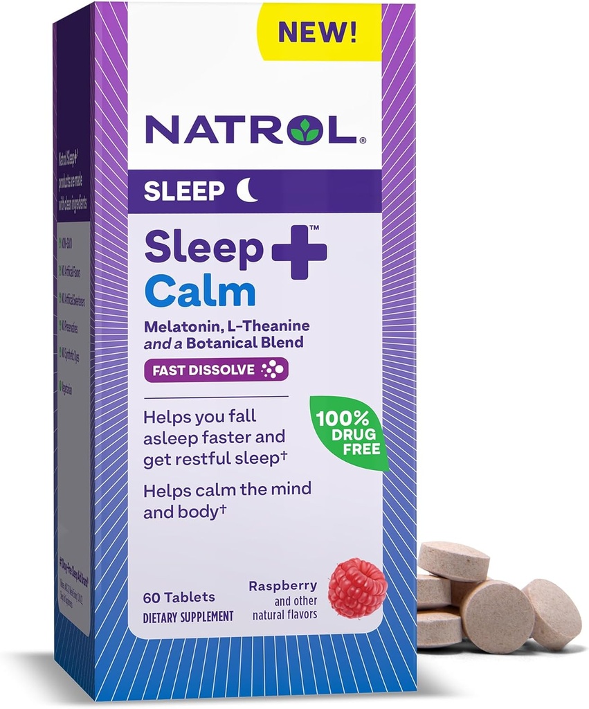 Natrol Sleep + Calm Melatonin 6mg med L-Theanine 50mg och en Botanisk Blend, Kosttillskott för Restful Sleep och ett lugnt sinne och kropp, 60 Raspberry-Flavored Fast Dissolve Tablets, 60 Day Supply