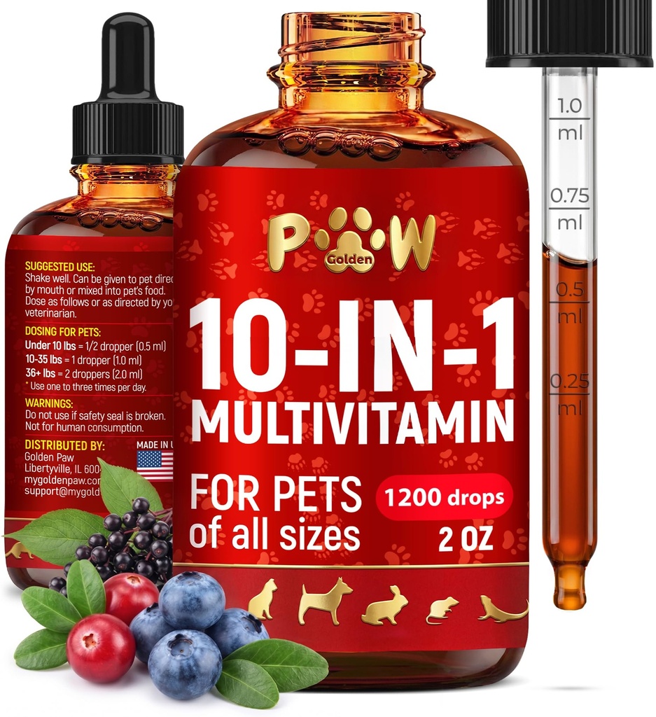 Cat Multivitamin - Vitamin B, C och D3 i flytande form - 10 i 1 Dog Vitaminer och tillägg för att hjälpa till med allergier och UTI - Cat Vitaminer för hud & Coat Care - Glukosamin för HIPS & Joints - 2 Oz