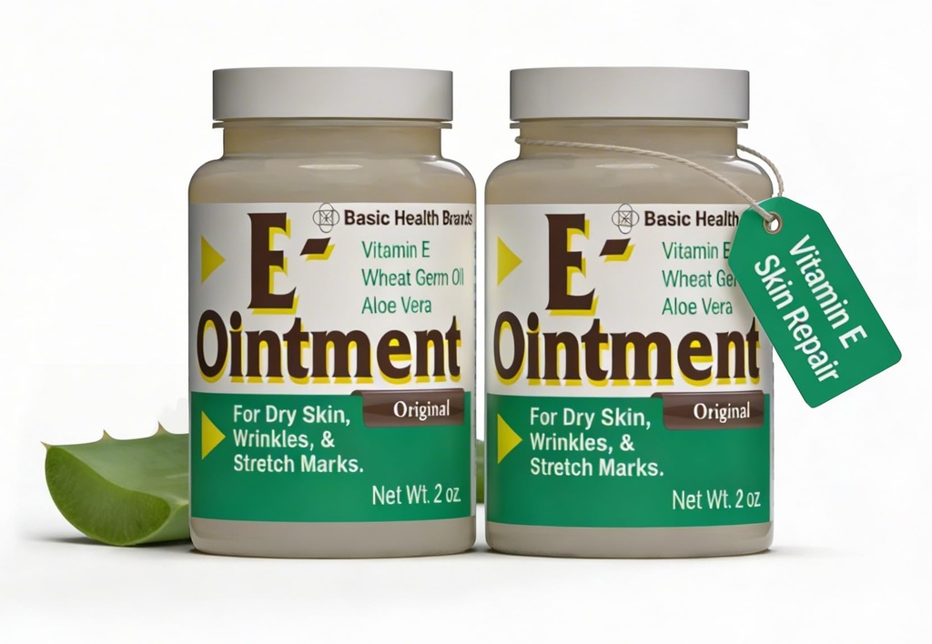 Grundläggande varumärken - Vitamin E Ointment - 2oz - Moisture Enhancing - kan hjälpa till att minska utseendet på släp, sträckmärken, Fina linjer och rynkor - 2-pack