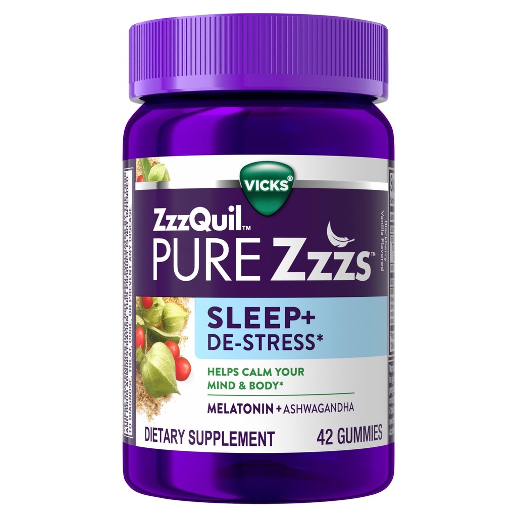 ZzzQuil PURE Zzzs De-Stress Melatonin Sleep Aid Gummies, hjälper till att lugna ditt sinne och kropp, Ashwagandha för stressstöd, sömnhjälpmedel för vuxna, 1 mg per gummy, 42 greve