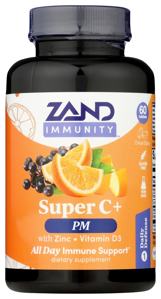 Zand Immunity Super C + PM, Nighttime Immune Support Plus Melatonin, 1000mg PureWay-C Vitamin C, Zink, D3 & Elderberry, Förbättrad Absorption - 60 tabletter, 30 portioner