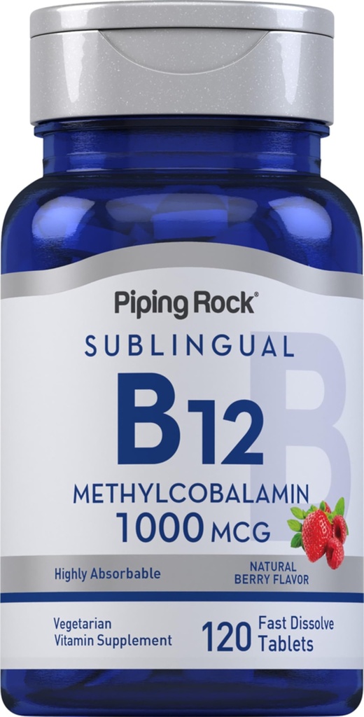 Piping Rock Vitamin B12 1000 mcg Sublingual | 120 tabletter | som Methylcobalamin | Berry smak | Vegetarisk, icke-GMO, Gluten fri tillägg