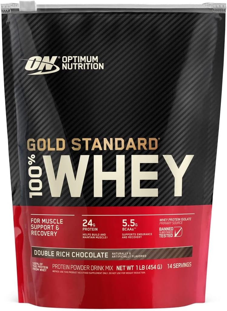 Optimum Nutrition Gold Standard 100% Whey Protein Powder, Double Rich Chocolate (1 lb), Paket kan variera