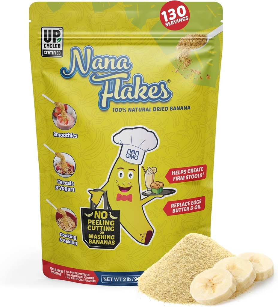 Näringsdesign Nana Flakes 100% Natural Banana Powder, Digestive Support - Källa av kalium och fiber - Substitute för ägg, smör eller olja i bakning (2LB väska)