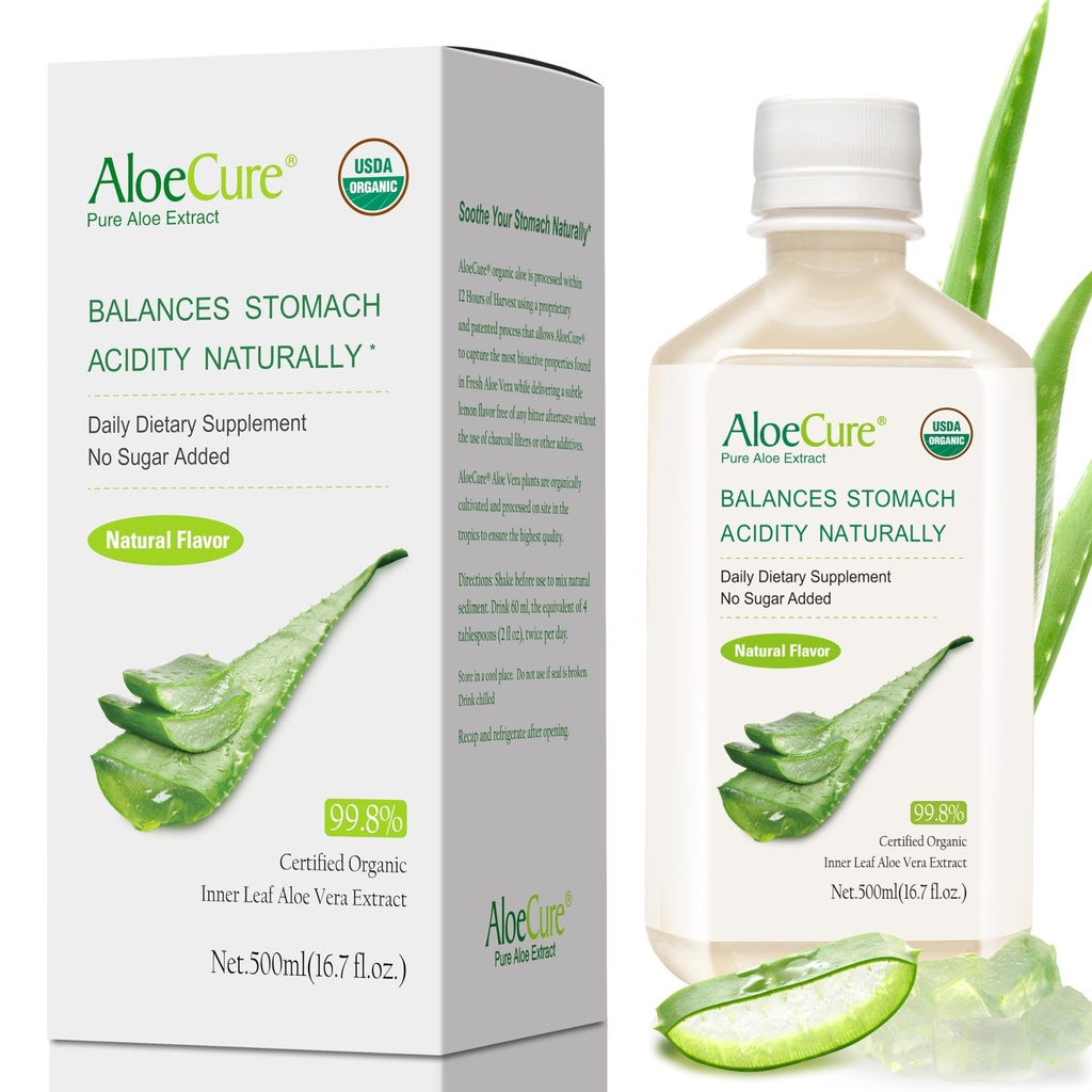 AloeCure USDA Organic Aloe Vera Juice Made Within 12 Hrs of Harvest - Pure Aloe Juice Natural Digestive Supplement to Support Digestion, Immune System och Balanced Stomach Acidity, 500ml Bottle