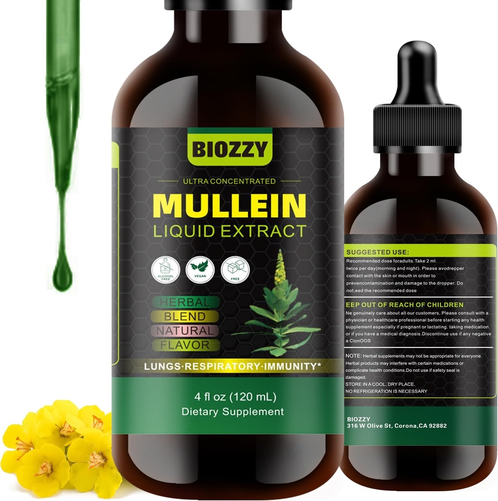 Generiska Mullein Drops för Lungs | Mullein Leaf Extract för andnings- och lungstöd | Mullein Extract Supplement Liquid