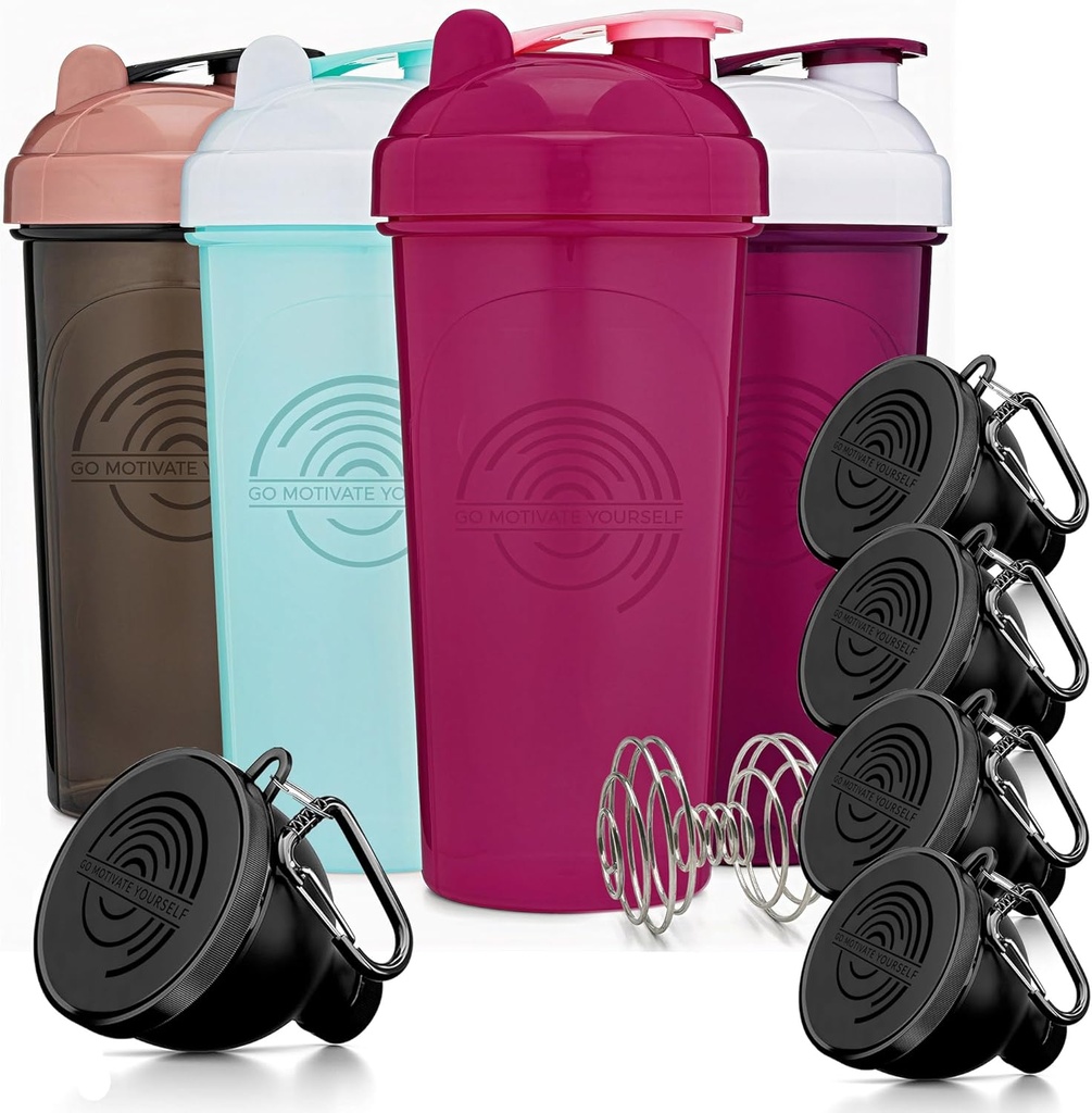 GOMOYO Fitness Bundle - 4-Pack Shaker Bottles med Agitator + 5-Pack Protein Funnels med Carabiner, BPA-Free & Dishwasher Safe