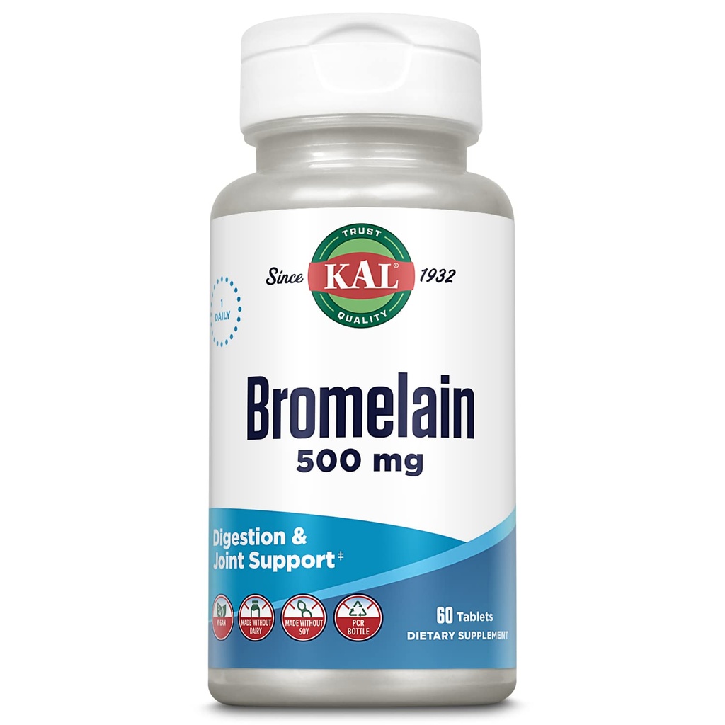 KAL Bromelain 500 mg, Digestion och Joint Support Supplement, Digestive Enzymes, Pineapple Extract, Rapid Disintegration, Vegan, Made Without Dairy eller Soy, Lab Verified, 60 Servings, 60 tabletter