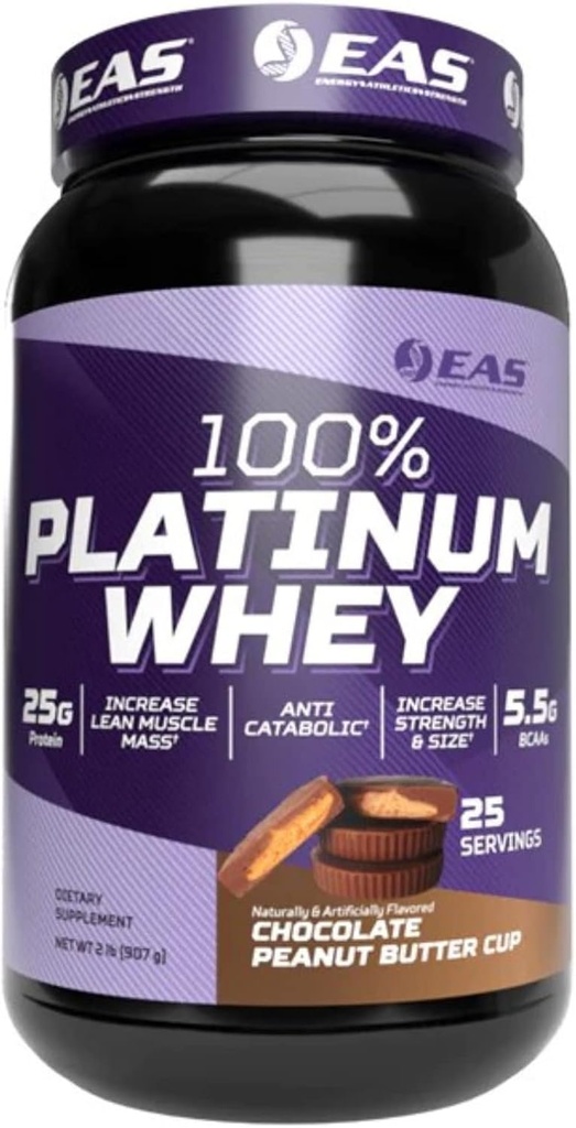 EAS 100% Platinum | 3 Ultra-Platinum Whey Proteins | Öka storlek och styrka | 25g protein, 5,5 g BCAAs | 2 pund (Chocolate Peanut Butter Cup)