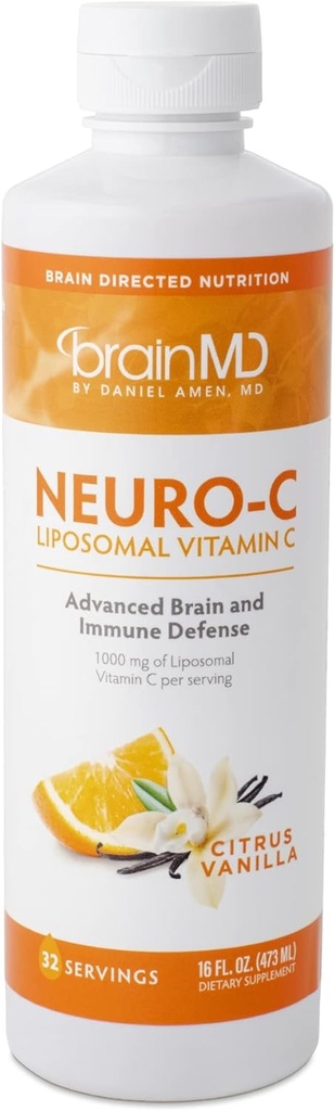 BRAINMD av Dr Amen Neuro-C, Citrus Vanilla - 16 fl oz - 1000 mg Liposomal Vitamin C - Avancerad hjärna och immunförsvar - Glutenfri - 32 portioner