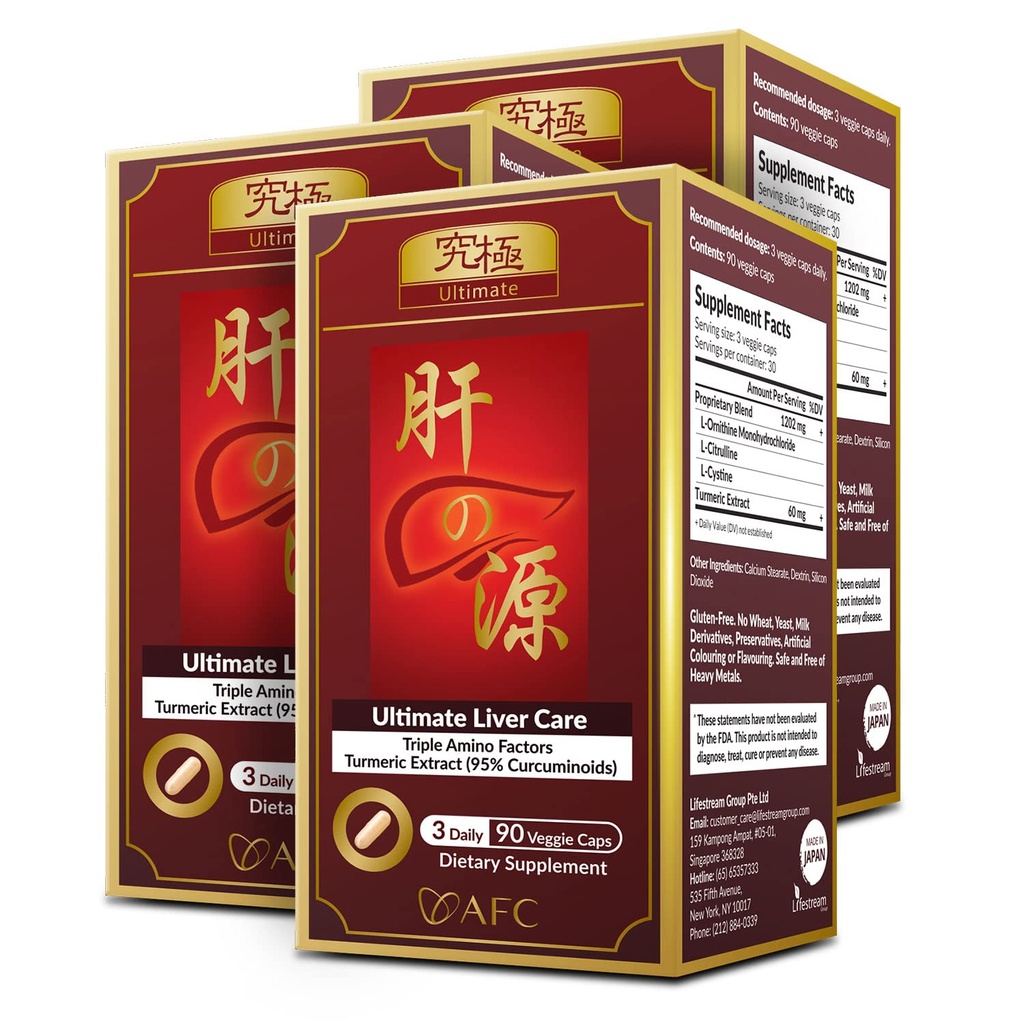 AFC Japan Ultimate Liver Care - Cleanse Detox Formula med Amino Acid L-Ornithine, L-Citrulline, L-Cystine och Turmeric - Liver Health Support Supplement, 90 Veggie Capsules x 3