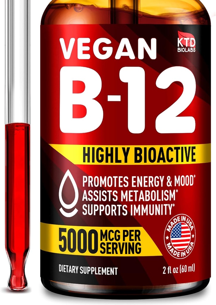 B12 Sublingual 5000 mcg Drops - Tillverkad i USA - Vegan B12 Vitaminer för energi, humör och minne - Mycket biotillgängliga sublinguella droppar - Methylcobalamin för kvinnor och män - 2 m. oz.