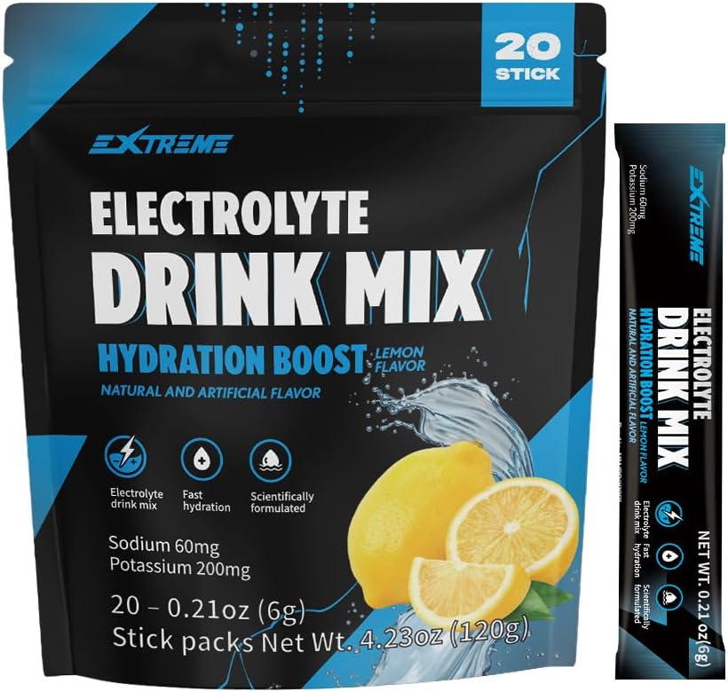 Extreme Electrolyte Drink Mix med Natrium 60mg, Kalium 200mg, Taurin - Hydration Powder, Zero Sugar, Non GMO, Zero Gluten, Low Calorie, Lemon Flavor (20 Packets, 20 Days Supply)