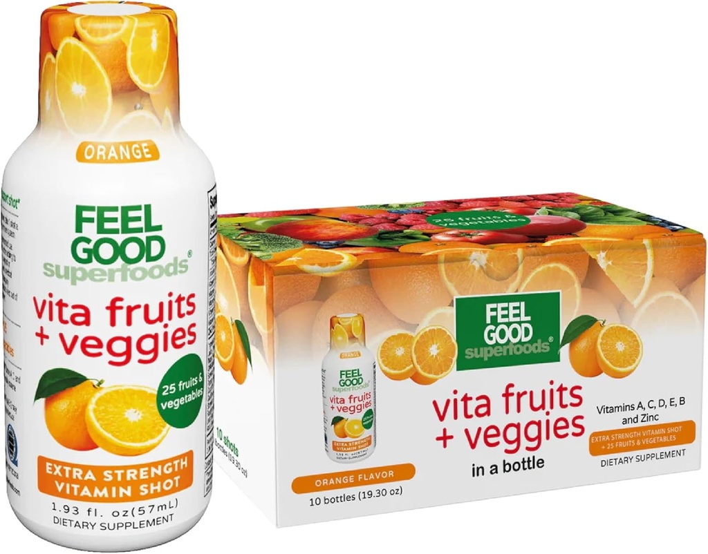 FeelGood Superfoods Vita Fruits och Veggies Immune Support Shot Supplements, Orange Flavor, Pack of 10 Immunity Shots, Immune System Booster Drink Made med 25 Organic Fruit & Vegetables