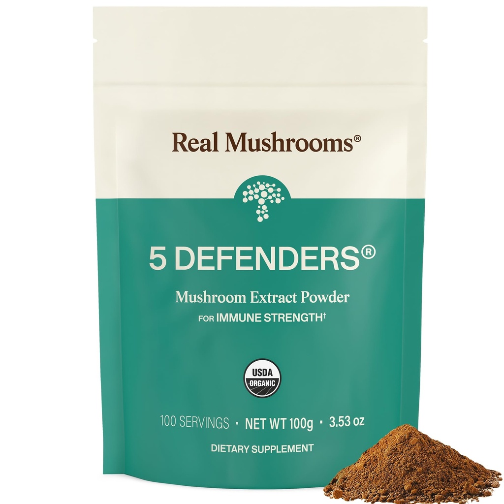 Real Mushrooms 5 Defenders Mushroom Complex Powder - Organic Mushrooms Extract från Chaga, Reishi, Turkiet Tail, Maitake & Shiitake Mushroom Blend för Wellness Support med Beta Glucans - 100 portioner