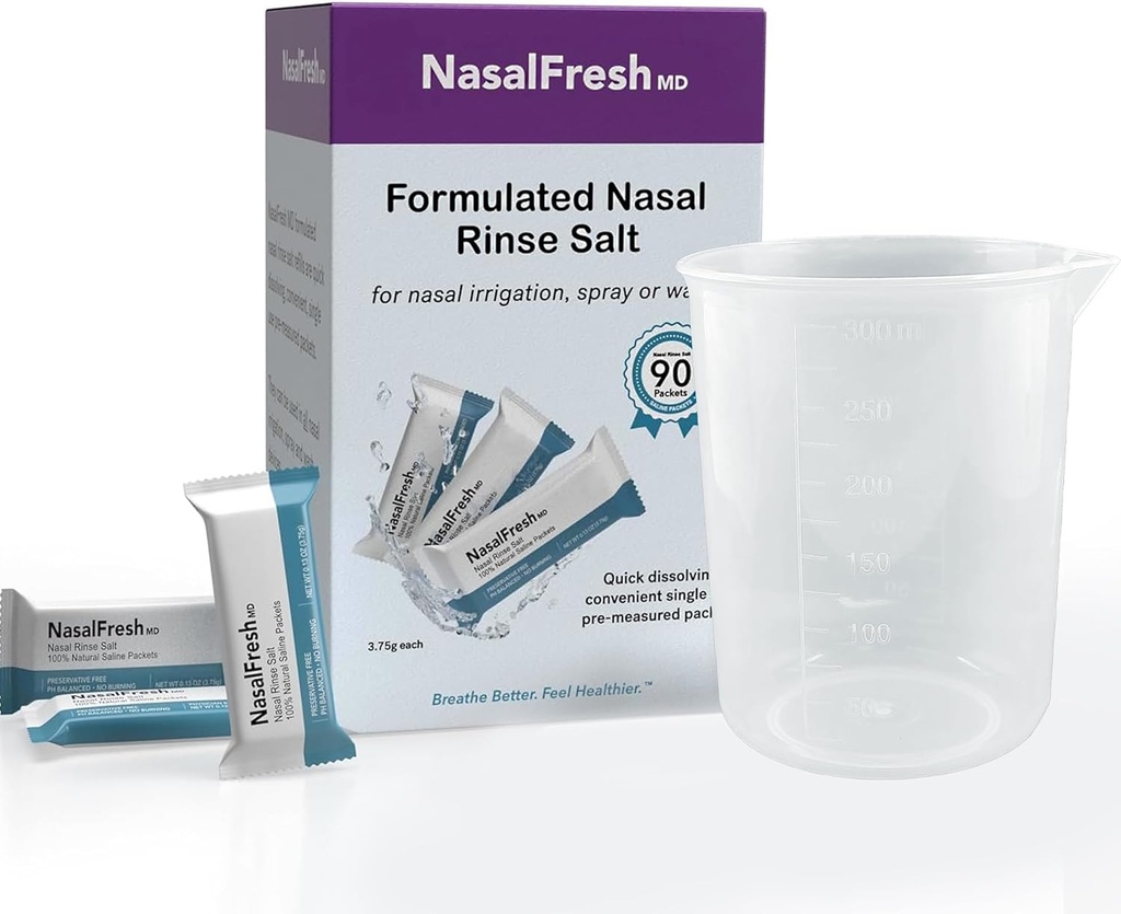 NASALFRESH MD - Saline Packets - Quick Dissolving - Single Use - Pre-Measured - Nasal Irrigation - Individuellt insvept (3,75g/1,3oz) - 90 grevefyllningspaket - 300mm Cup