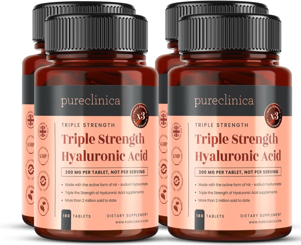 pureclinica Triple Strength Hyaluronic Acid 300mg x 720 tabletter (4 flaskor av 180) - 2 års leverans