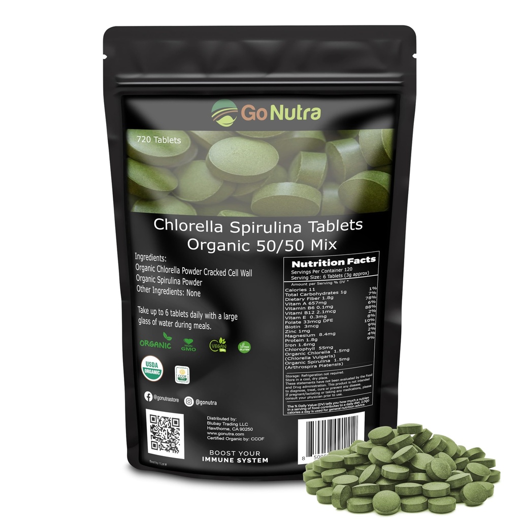 Gå Nutra Organic Spirulina Chlorella tabletter 50/50 Blend | Näringsmedel Dense Superfood - Vegan Protein, Chlorophyll, Enzymes | 500mg Varje Chlorella Spirulina tabletter, 720 greve, 4 månaders leverans