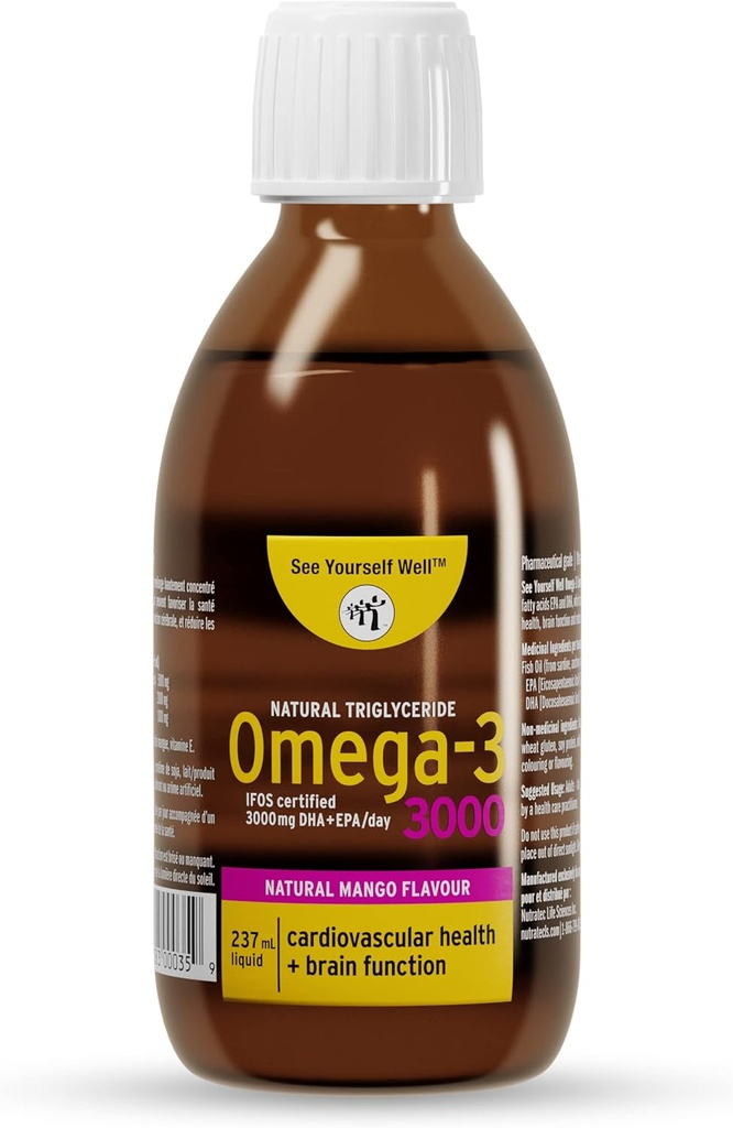 Flytande Omega 3 fiskolja - hög styrka. Främjar hjärna, öga, hjärta och immun hälsa. Naturlig triglycerid. 237 ml / 8oz - 48 portioner. Mango
