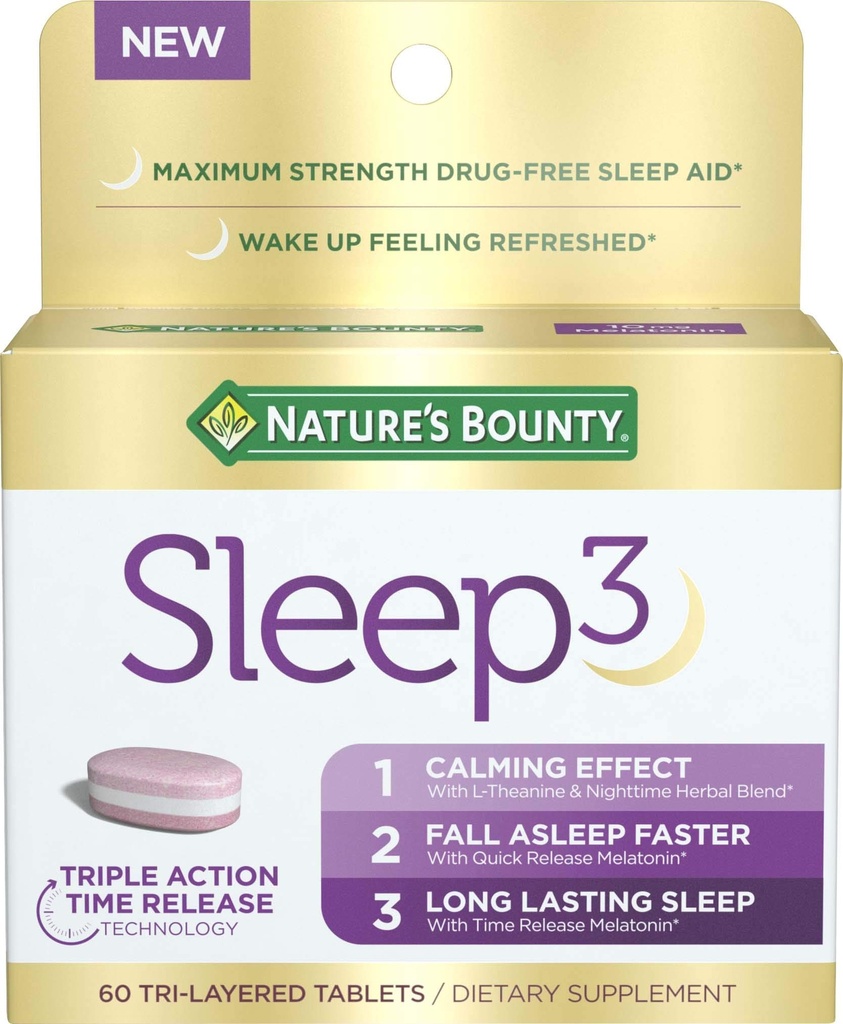 Naturens Bounty Sleep3 Melatonin 10mg, Maximal Styrka 100% Drug Free Sleep Aid, Dietary Supplement, L-Theanine & Nighttime Herbal Blend Time Release Technology, 60 Tri-Layered tabletter