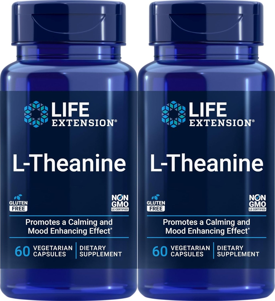 Life Extension L-Theanine, 60 vegetariska kapslar (Pack of 2) - Aminosyra härrör från te - Glutenfri, icke-GMO