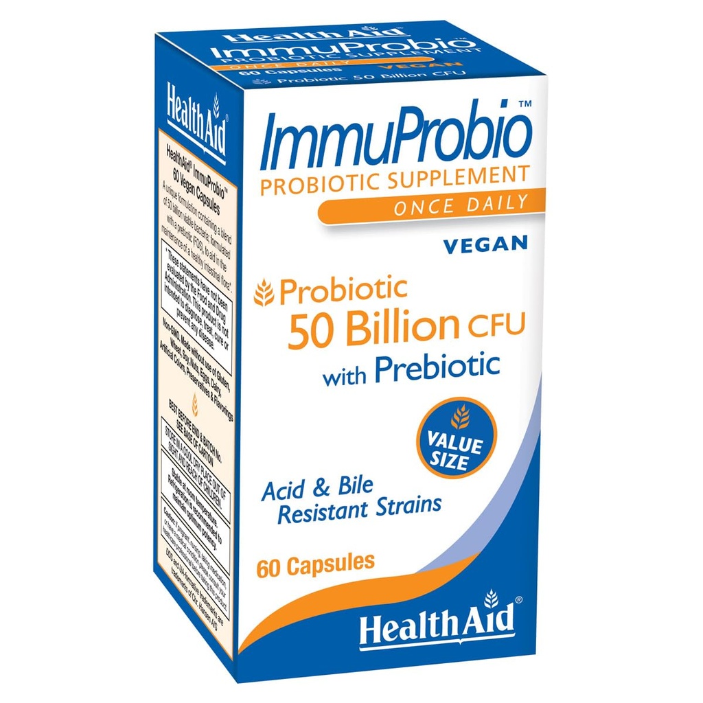 HealthAid ImmuProbio 60 Caps - 50 miljarder CFU med prebiotiska, en gång dagligen, syra och Bile Resistant Strains, Vegan